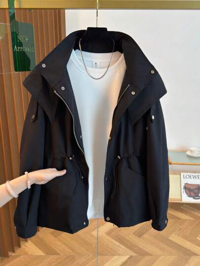 Women's Windbreaker Coat, Commuter Style Fashion Regular Windbreaker Coat, Stylish Cinched Waist & Large Lapel Design, Solid Color Multi-Style For Autumn/Winter, Women's Winter Windbreaker
