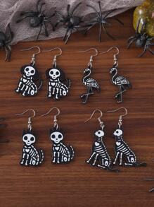 1 Pair Gothic Style Skull, Flamingo, Dog, Cat Pendant Earrings For Women, Vintage Wooden Double-Sided Earrings, Halloween Party Gift