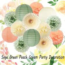 Sage Green Peach Cream Party Decorations Set, 13 Pieces Classic Style Paper Lanterns, Tissue Pom Pom Flowers And Paper Fans, Perfect For Graduation, Birthday, Bridal Shower, Wedding And Engagement Party Decorations