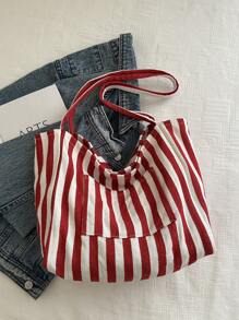 Bolso de lona a rayas retro elegante, de gran capacidad, espacioso y versátil, ideal para el trabajo, la escuela o salir, bolso escolar, bolso de lona, bolso de playa, bolso de compras [Colocación aleatoria de colores a rayas verticales]