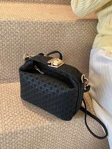 时尚女士迷你斜挎包，纯色化妆包手提小方形单肩包 - 黑色 - 查看 3