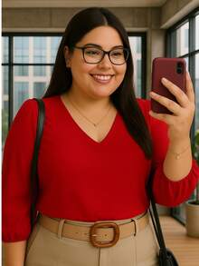 Women's Crepe Duna Blouse With 3/4 Puff Sleeve Plus Size And Slim - Đỏ - Xem 8