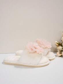 2025 New Floral Fluffy Slippers For Women, Flat Open Toe Non-Slip Indoor Outdoor Wear, Fur Slides With Chinese Style Bohemian Patch, Autumn/Winter
