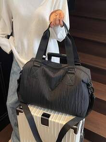 1 件纯色褶皱尼龙单肩托特包，大容量时尚女士手提包，适合度假、旅行、户外运动 - 黑色 - 查看 3