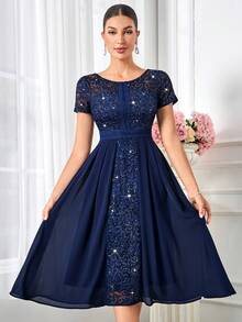 MIUSOL Sequin Floral Lace Contrast Chiffon Round Neck Pleated Hem Evening Party Long Dress Summer Elegant - Navy Blue - View 8