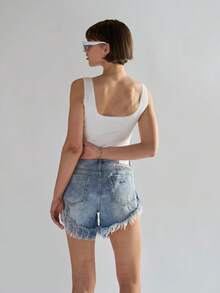 Antique-Wash High-Waisted Distressed Denim-Shorts - Light Wash - View 3