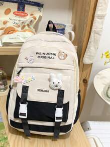 SLIN&LXZQ Zaino classico con grafica a lettere, decorato con ciondoli a tema cartone animato e badge stile college, adatto per la scuola