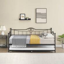 Metal Daybed With Trundle Bed, Twin Size Day Bed With Headboard And Heavy Duty Steel Slats Support, Mattress Foundation Platform Sofa Bed, For Living Room, Bedroom, Easy Assembly