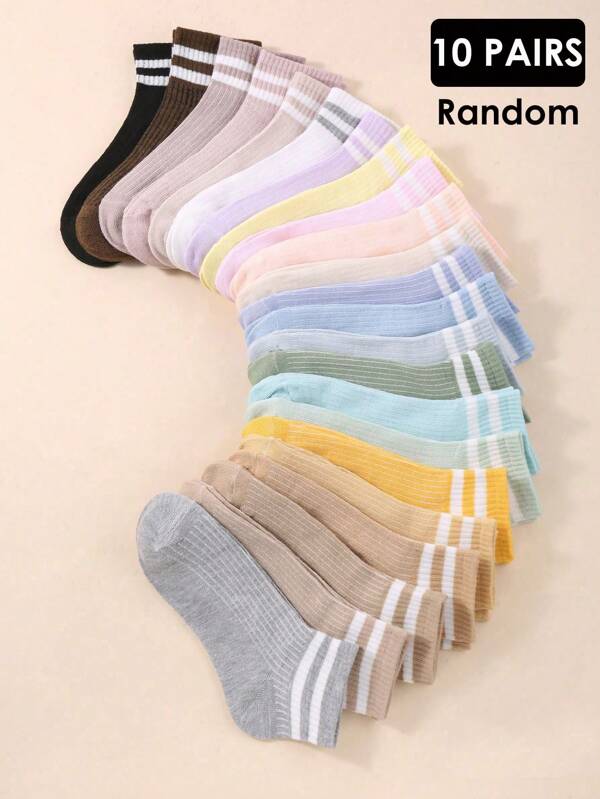 1/10 Pairs Random Color Women Stripe Short Socks For Daily Wear, Summer Sports Running Hiking Socks