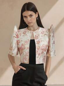 Amyenjoylife 时尚优雅提花夸张袖短款上衣 - 粉色 - 查看 4