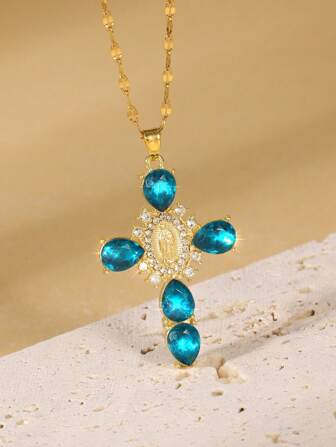 1 pieza Collar con colgante de cruz y Virgen María en estilo retro, colgante de cristal artificial, collar decorativo con circonita artificial, adecuado para uso en fiestas y como regalo