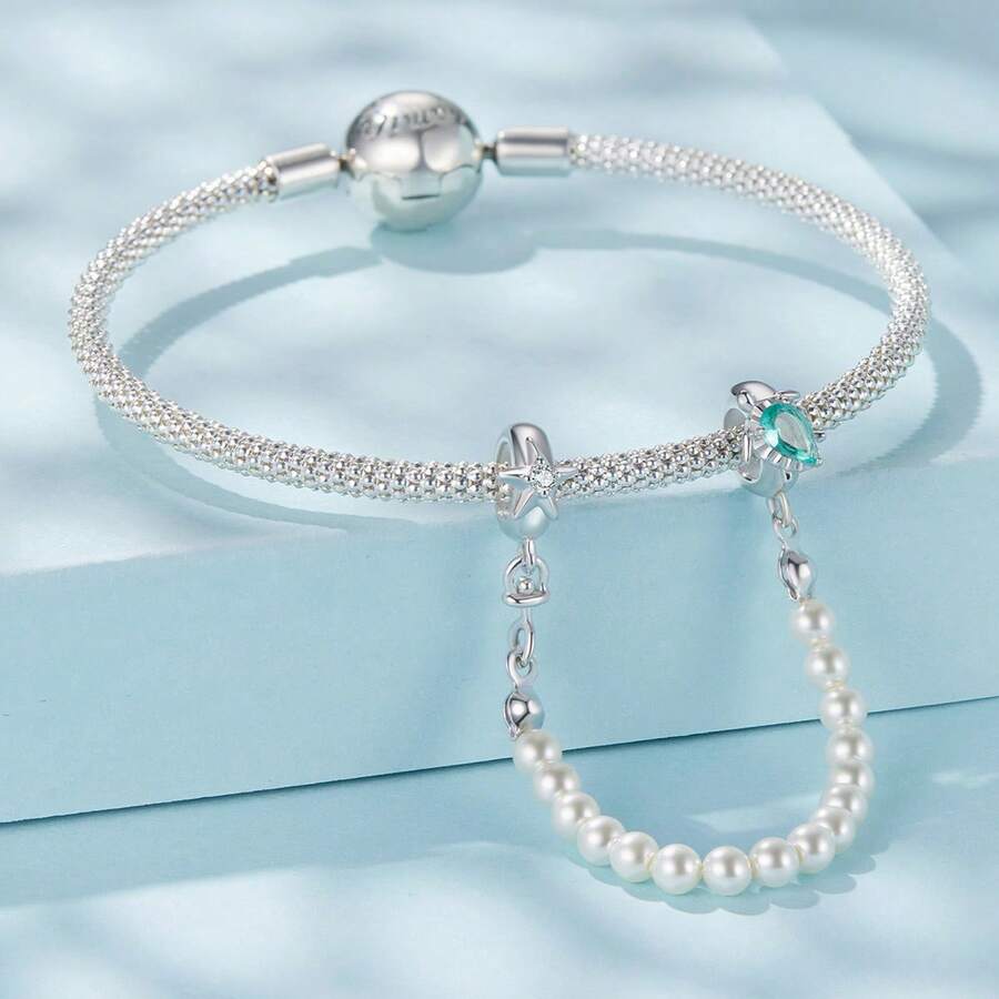 WOSTU 925 Sterling Silver Sea Turtle, Starfish & Pearl Silicone Chain Fit Original Bracelet DIY Summer Jewelry Accessories Gift - SCC3155 - View 1