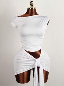 Summer Birthday Dinner Low Rise Prom Dresses Set Two Pieces Blue Sexy Mini Wrap Skirt Stretchy Rave Going Out Sets Outfit - White - View 3