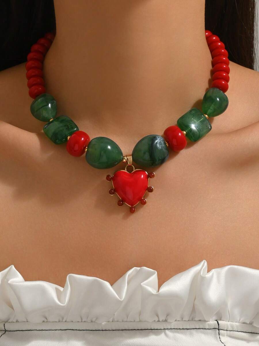 1件优雅时尚心形吊坠串珠项链 - 彩色 - 查看 1