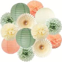 Sage Green Peach Cream Party Decorations Set, 13 Pieces Classic Style Paper Lanterns, Tissue Pom Pom Flowers And Paper Fans, Perfect For Graduation, Birthday, Bridal Shower, Wedding And Engagement Party Decorations