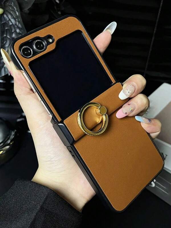 PU Leather Hard Shell Protective Phone Case Compatible With Samsung Galaxy Z Flip 6 5 Flip6 Flip5 Z Flip4 3 5G Ring Holder Shockproof Cover