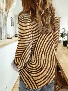 Plus Size Women's Blouse, Fashion Printed Zebra Button-Down Shirt - Spring Vintage Casual Long Sleeve Tops - Yellow - View 2