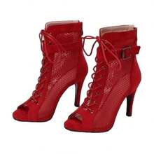 European And American Lace-Up Fish Mouth Mesh Sandals For Women, Size 25, Thin-Heeled Hollowed-Out Jazz Dance High Heels For - 黑色絨面 - 查看 7