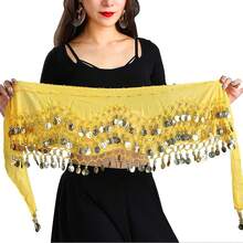 Chiffon Belly Dance Hip Scarf With 128 Coins For Yoga Class - Yellow - View 2