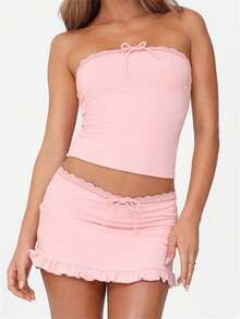 Women Summer Outfits Lace Trim Bow Crop Bandeau And Mini Ruffled Skirt Set For Streetwear Aesthetic Clothes - Hồng - Xem 2