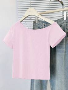 性感不对称肩短袖修身露脐上衣 粉色夏季 - 粉色 - 查看 7