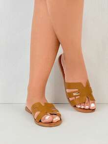 Open Toe Soft Flat Slippers, Fashion Versatile One-Strap Retro Beach Shoes For Holiday - Khaki - View 2