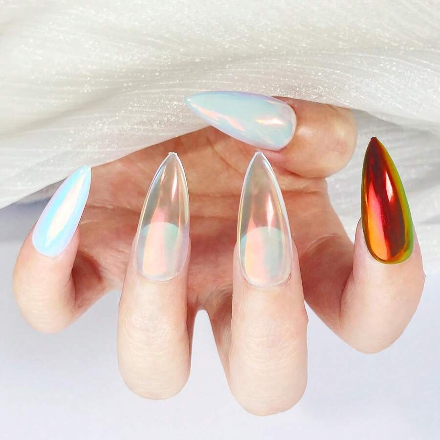 Unicorn Chrome Nail Powder, Aurora Unichrome Mermaid Aurora Nail Powder Pigment Pearlescent Nail Art Glitter Decoration For Home DIY Nail Salon Manicure - Sunset Glow,7118444 - 灰色 - 查看 1