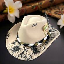 Floral Print Cowgirl Hat For Women Men Feather Belt Decor Wide Brim Felt Western Cap For Party - 米色 - 查看 5