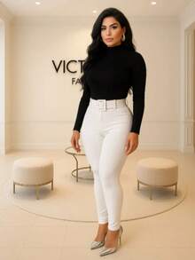 Women's 3D Ribbed Riding Pants Leggings With Belt High Waist Pocket - Blanco - Ver 3