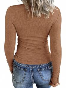 Women's Long Sleeve Henley T Shirts Button Down Slim Fit Tops Scoop Neck Ribbed Knit Shirts/Vacation Outfits Women/Valentine Outfits For Women - Light Brown - 查看 2