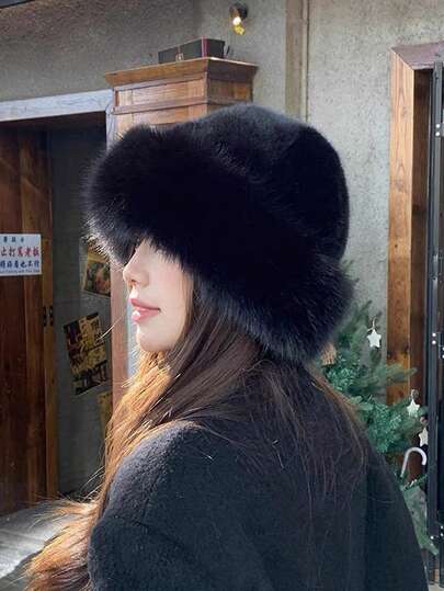 1pc Women's Thickened Warm Fashion Simple Bucket Hat, Faux Mink Mongolian Hat, Warm & Comfortable Sun Protection Winter Accessory