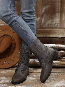2025年秋冬粗跟靴女靴高帮休闲复古英伦风中筒皮鞋黑色 - 灰色 - 查看 6