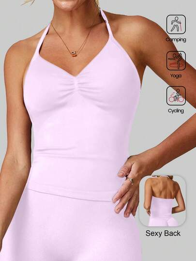 Aaseow Women's Yoga Top, Fitness Yoga Shirt, Sports Wear, Backless Pleated Built-In Bra Cup Top