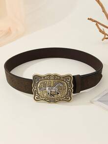 新款西部牛仔风女士休闲真皮腰带，配马形扣环，复古波西米亚街头时尚，高品质PU皮革，适合男士搭配，四季皆宜，休闲、商务、男友、丈夫、父亲等场合皆可作为礼物，日常穿着，时尚百搭，适合青少年、户外、度假、运动、旅行、街头、波西米亚风、复古秋季、万圣节等秋冬季配饰，适合青少年、青年、男士，休闲、户外、运动、度假、毕业礼物、生日礼物、日常穿着 - 卡其色 - 查看 2