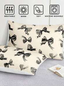 3 件水彩米色黑色蝴蝶结可爱数码印花羽绒被套套装(1 个羽绒被套 + 2 个枕套,无填充物),日常使用涤纶柔软亲肤,适用于卧室、室内、所有季节 - 彩色 - 查看 7