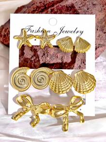 2pcs-10pcs/Set Seashell, Starfish, Bowknot Stud Earrings Set, Summer Ocean Style Earrings, Suitable As Gifts For Family And Friends, Beach Vacation, Holiday Blessings, Women's Daily Accessories