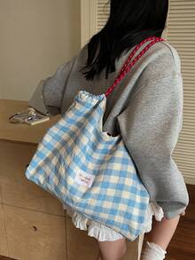 新款优雅刺绣花环蝴蝶结字母大容量托特包，女士时尚百搭单肩手提包，适合夏季户外旅行沙滩，格纹休闲单肩托特包，旅行包 - 淺藍色 - 查看 9