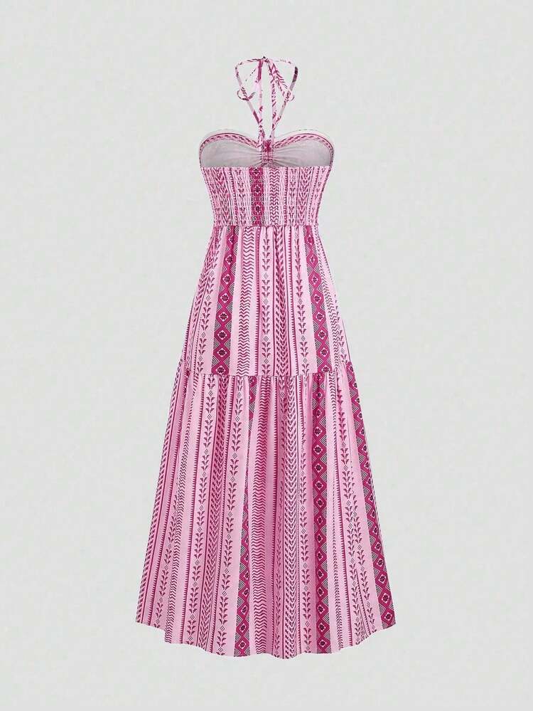 Vestido de Praia Estilo Boêmio, Vestido de Praia de Verão, Vestido de Dopamina para Mulheres com Alças,Vestido Longo de Verão com Alça Fina Luxuoso para Férias, Vestido feminino de comprimento médio - Rosa Bebê - Visão 2