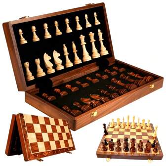 Elegant Solid Wood High-End Chess Set, Including 2 Extra Queens, Foldable Chessboard 39*39cm, Ideal Gift For Family And Friends On Christmas, Halloween, Thanksgiving, Suitable For Chess Enthusiasts And Game Lovers