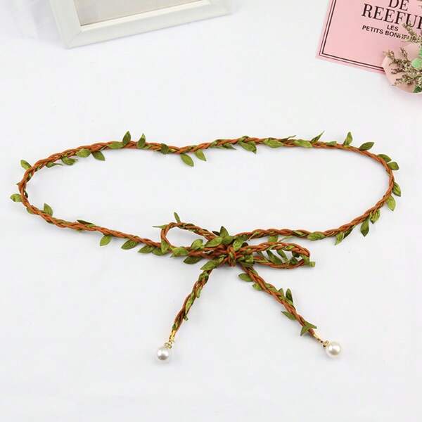 1 pièce Ceinture chaîne de taille en lin tressé avec feuille et gland à la mode pour femmes