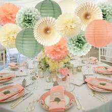 Sage Green Peach Cream Party Decorations Set, 13 Pieces Classic Style Paper Lanterns, Tissue Pom Pom Flowers And Paper Fans, Perfect For Graduation, Birthday, Bridal Shower, Wedding And Engagement Party Decorations