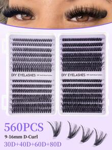 560/485片睫毛簇，30D+40D+60D+80D，DIY睫毛嫁接仿貂毛睫毛 - 高级D卷浓密自然睫毛簇，适合DIY睫毛嫁接 - 可重复使用，轻盈易贴 - 彩色 - 查看 10