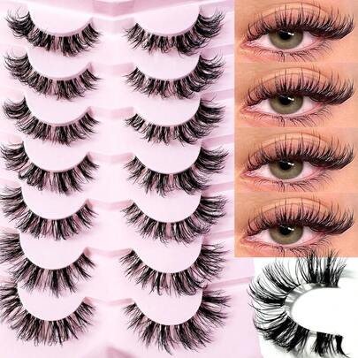 7 Pairs Messy Natural Cat Eye False Eyelashes, Transparent Band, Create Cat Eye Makeup Effect, Long & Thin, Soft & Natural Looking Fake Lashes, Strip Eyelashes