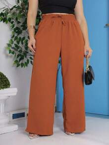 Fashion Women's Wide Leg Pants With Elastic Waistband Duna Fabric - 棕紅色 - 查看 2
