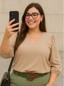 Women's Crepe Duna Blouse With 3/4 Puff Sleeve Plus Size And Slim - 米色 - 查看 8