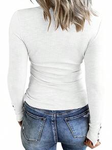 Women's Long Sleeve Henley Shirts Button Down Tops Scoop Neck Ribbed Knit Shirts - 白色 - 查看 2