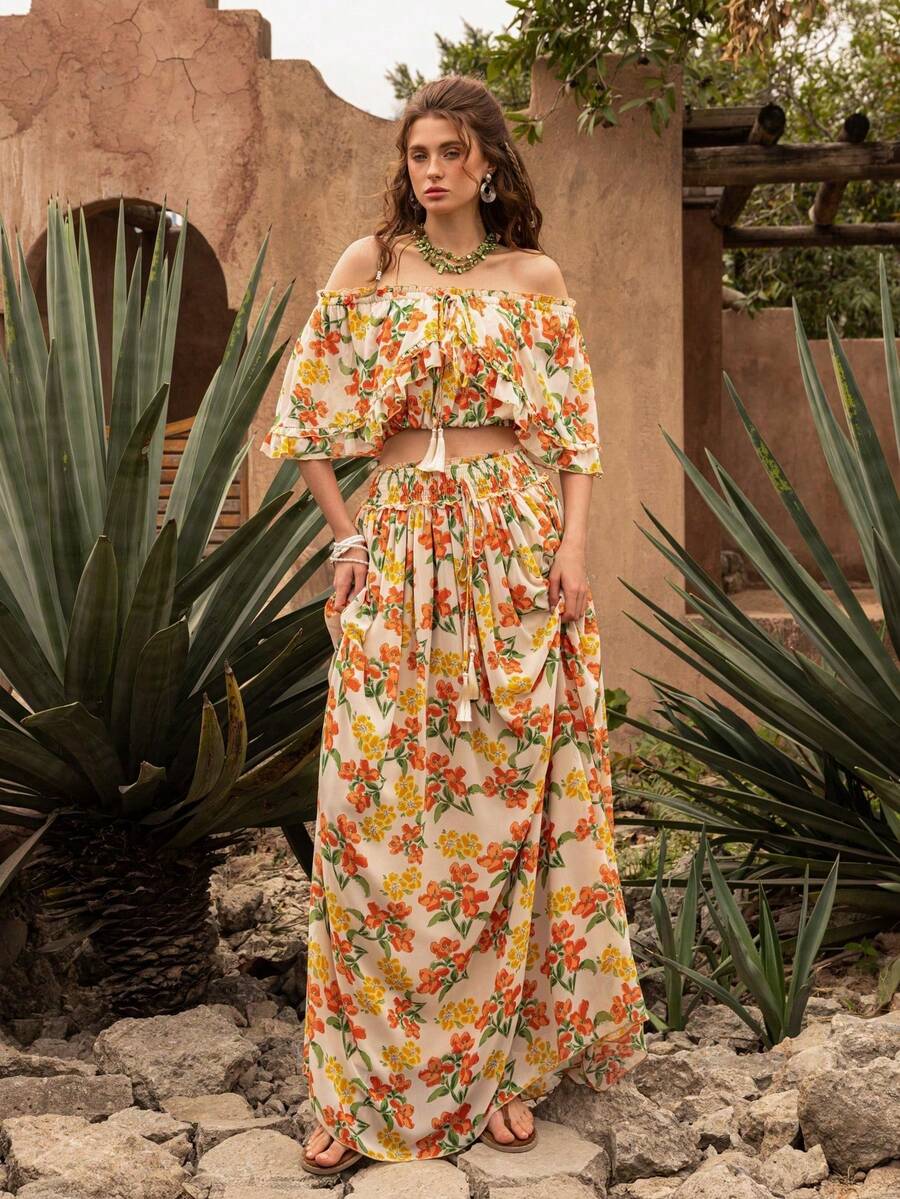 Faeriesty BohoBloom Bohemian Style Women's 2-Piece Set, Off-Shoulder Ruffle Blouse Paired With A-Line Skirt - Ideal For Casual Park Strolls, Weekend Country Getaways, Beach Walks, Picnics, And Leisure Outings With Friends - Orange - View 1