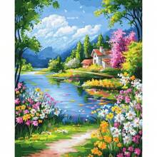 1pc Diy Painting By Numbers For Adults River Flower Road Coloring By Numbers Landscape Wall Art Home Decors 40x50cm/16x20inch Without Frame