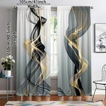 2pcs Of Black And Golden Smoke Pattern Curtains Abstract Geometric Flow Art Line Design Curtains 3D Solid Printing Sunshade Curtains Living Room, Bedroom, Study Balcony, Office Window Decoration Minimalist Style Decoration Creates A Stylish Atmosphere