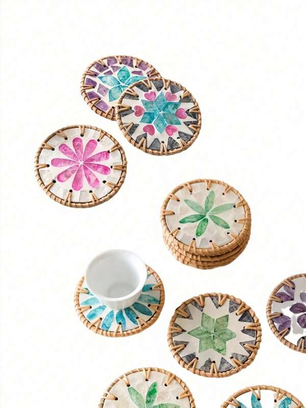 1pc Wicker & Shell Coaster, Southeast Asian Style Heat Insulation Tea Cup Mat Handmade Seashell Placemat'